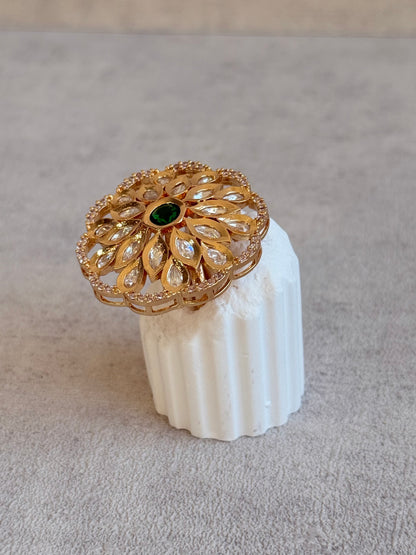 Ayura Designs Elisa Adjustable Ring – Moissanite Floral Ring with Emerald Green Centre & Crystal Border