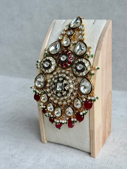 Ayura Designs Suhana Jhoomar Passa – Kundan Jhoomar with Ruby Red Drops, Pearl Detailing & Green Bead Accents