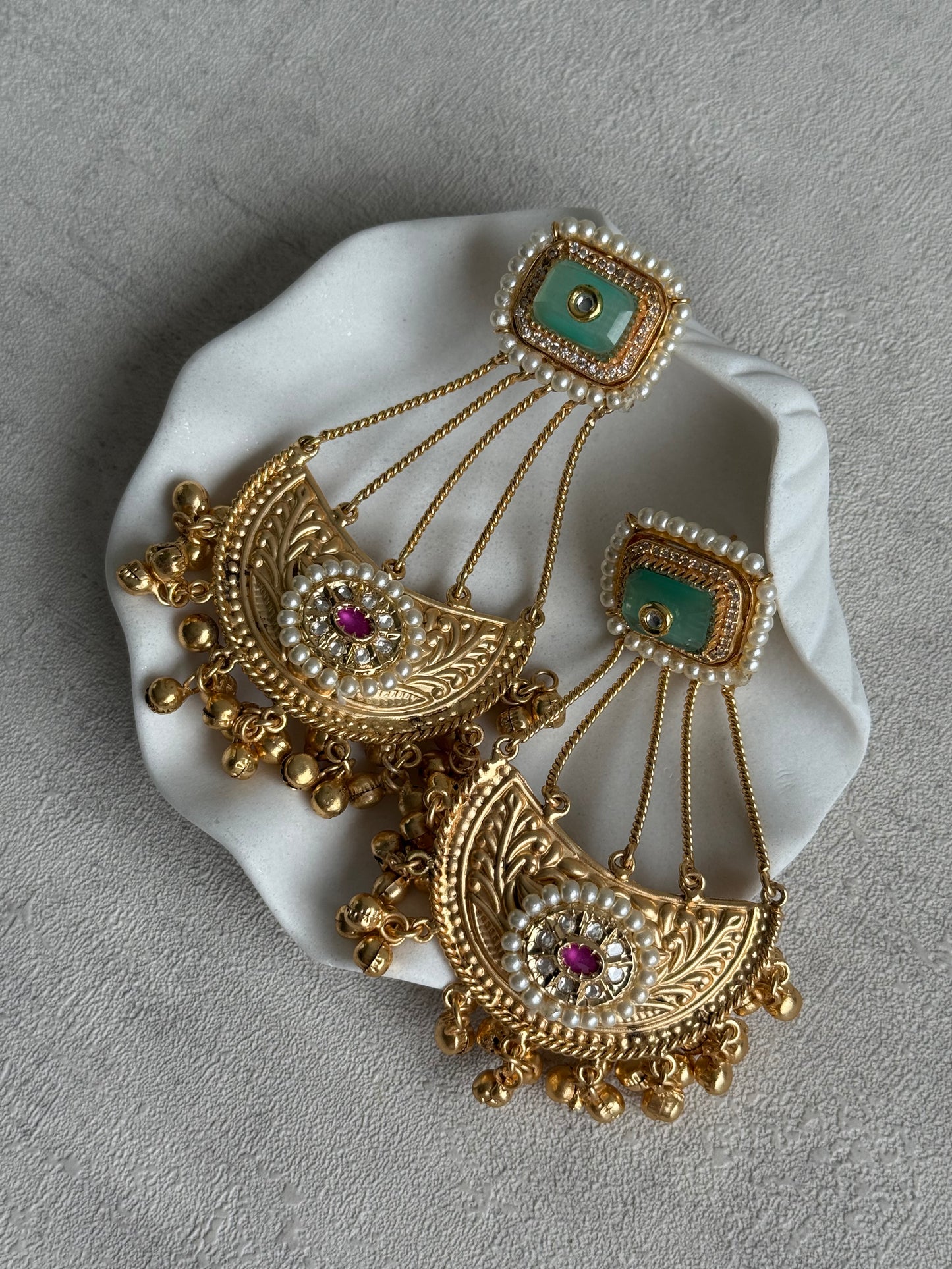 Ayura Designs Jheel Earrings – Pistachio Half-Moon Drops with Pearl Edging & Golden Ghungroos