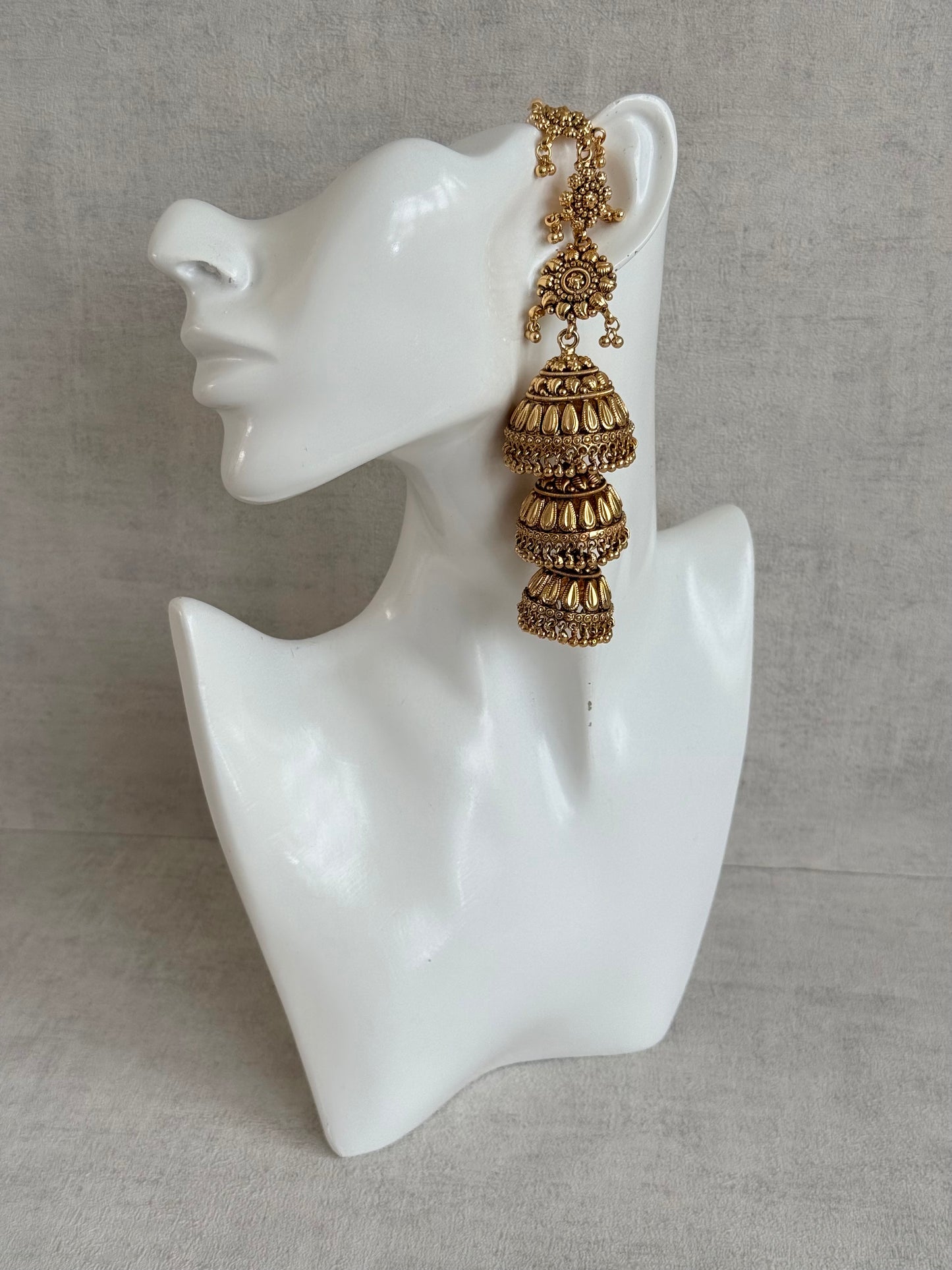 Ayura Designs Preet Sahare Jhumkis – Antique Gold Finish with Triple Dome Design