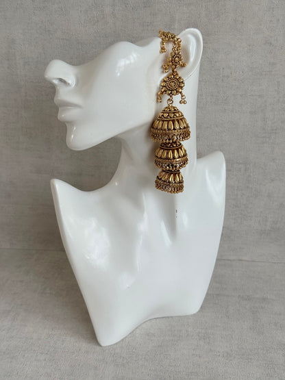 Ayura Designs Preet Sahare Jhumkis – Antique Gold Finish with Triple Dome Design