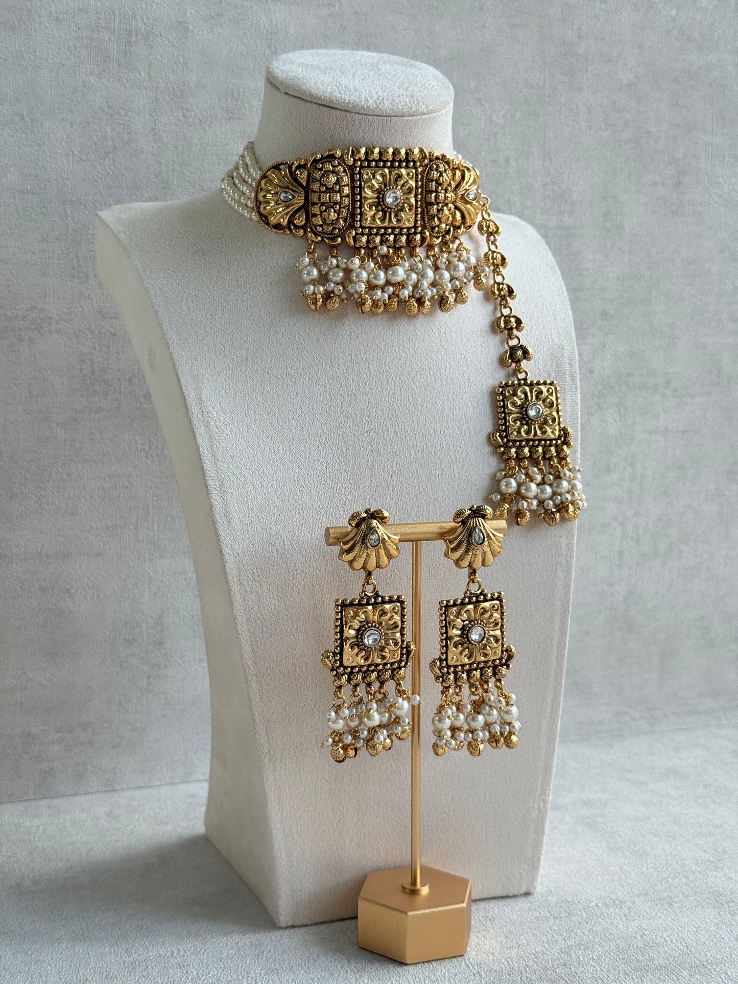 Ayura Designs Nabila Choker Set with Earrings & Tikka – Antique Gold Finish, Sea Shell Detailing, Pearls & Ghungroos