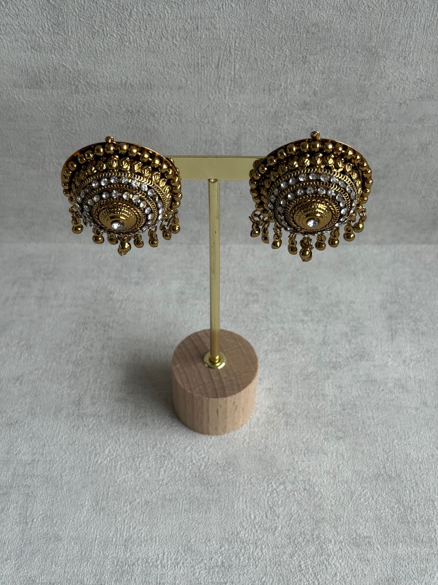 Ayura Designs Mitwa Earrings – Antique Gold Studs with Crystal Stones & Ghungroo Fringe