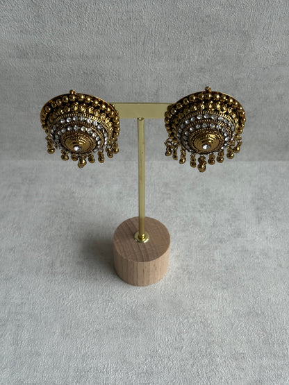 Ayura Designs Mitwa Earrings – Antique Gold Studs with Crystal Stones & Ghungroo Fringe