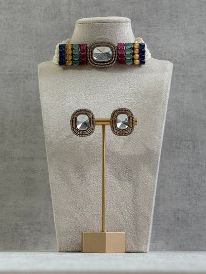 Ayura Designs Emma Choker Set – Multicolour Gemstone Choker & Studs with Mirror-Cut Centrepiece, Pearl Strands & Crystal Borders