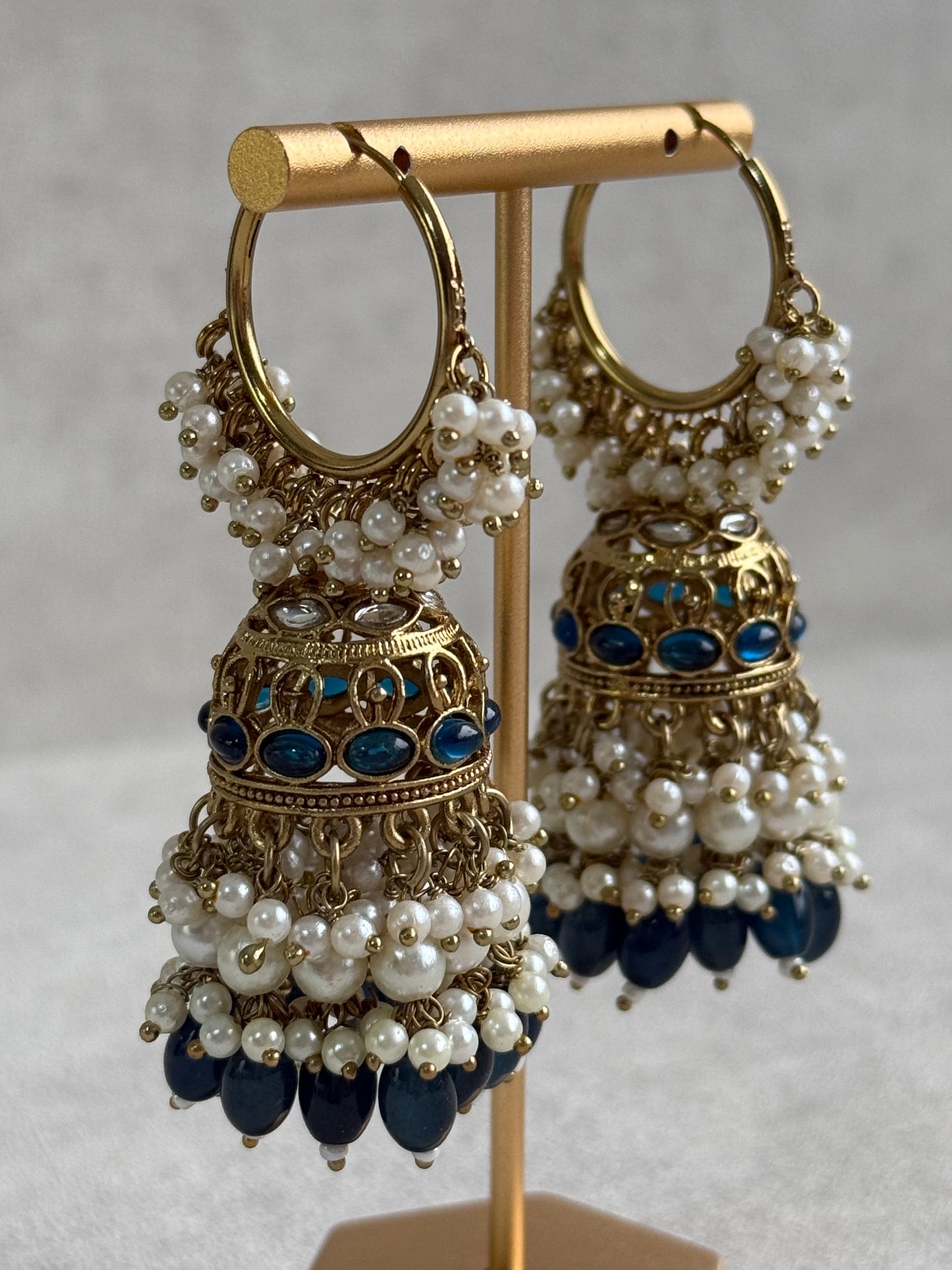 Ayura Designs Jugni Jhumkis – Antique Gold Balis with Ink Blue Beads & Pearl Clusters
