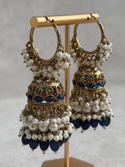 Ayura Designs Jugni Jhumkis – Antique Gold Balis with Ink Blue Beads & Pearl Clusters