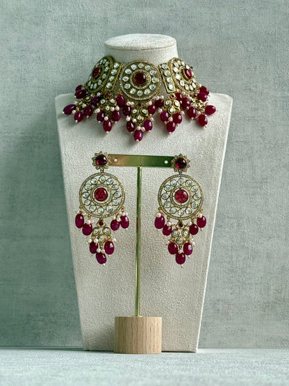 Ayura Designs Harper Set – Antique Gold Choker & Earrings with Deep Berry Pink Beads, Kundan Stones & Pearl Detailing