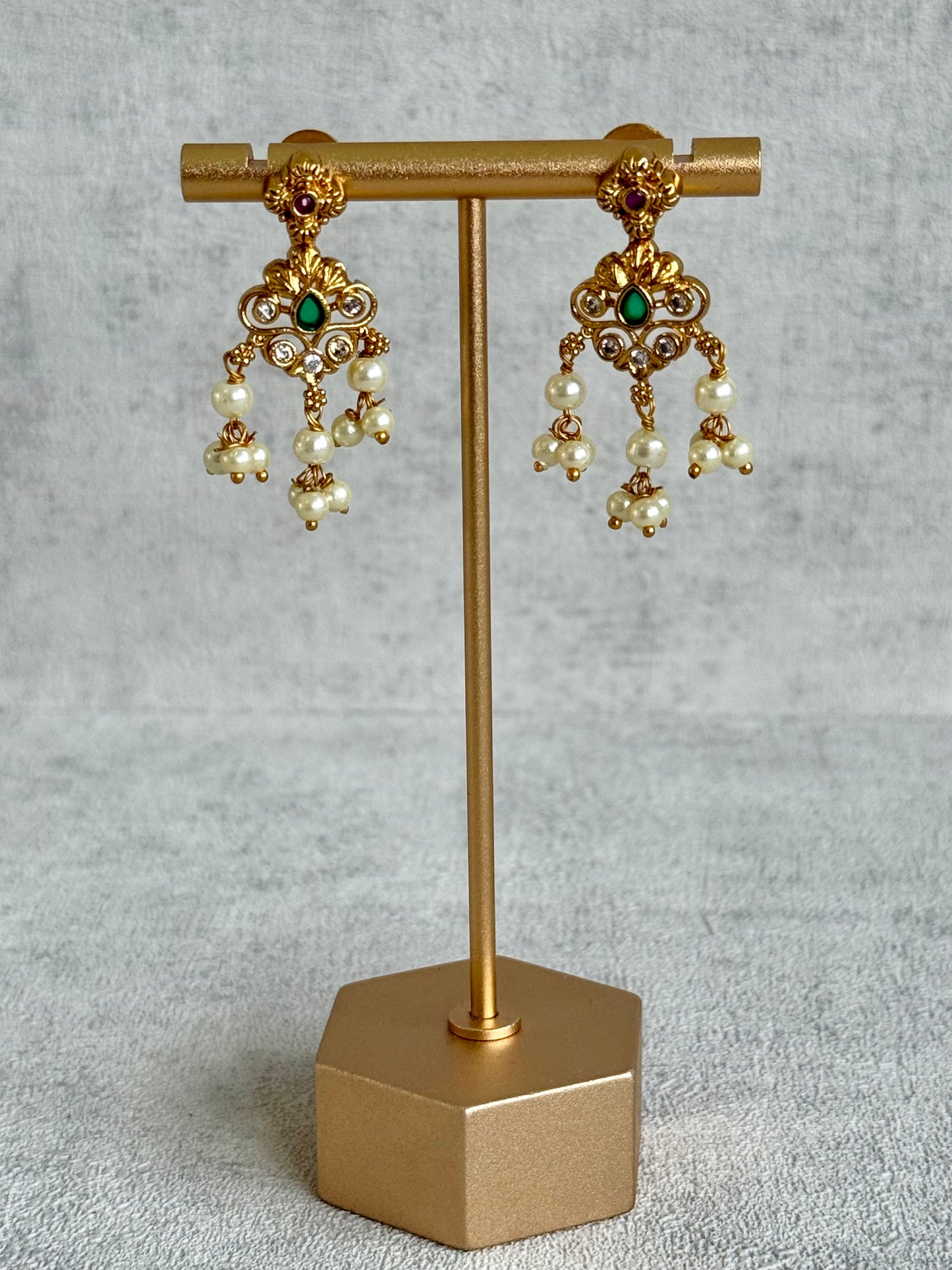 Ayura Designs Ilaa Set – Necklace & Earrings with Pink & Green Stone Accents, Pearl Drops & Antique Gold Finish