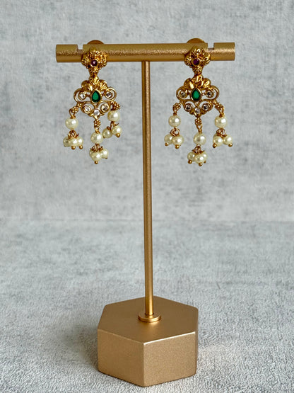 Ayura Designs Ilaa Set – Necklace & Earrings with Pink & Green Stone Accents, Pearl Drops & Antique Gold Finish