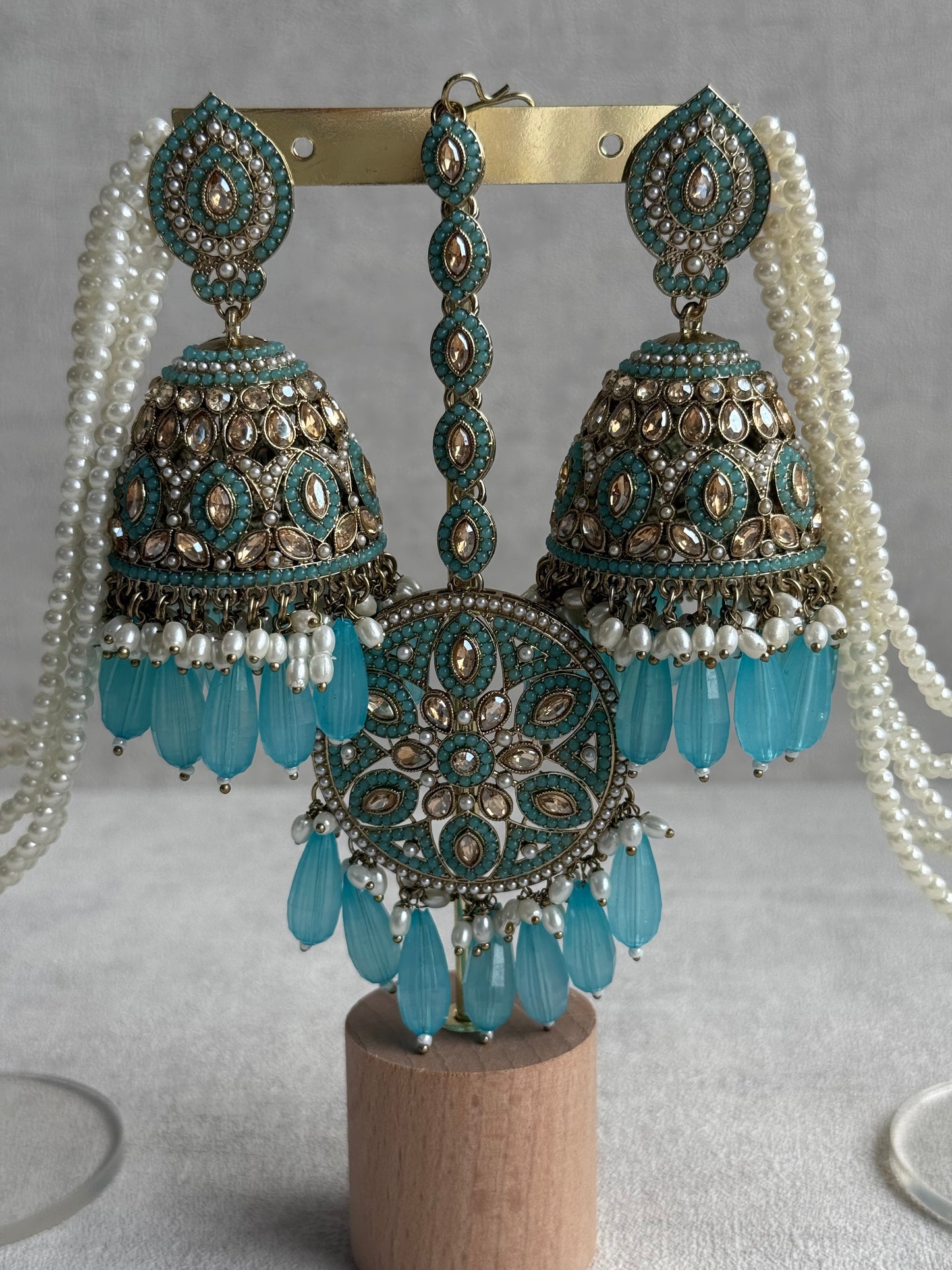 Ayura Designs Amrita Set – Jhumkis with Sahare & Tikka in Aqua Blue, Pearls and Antique Gold Finish