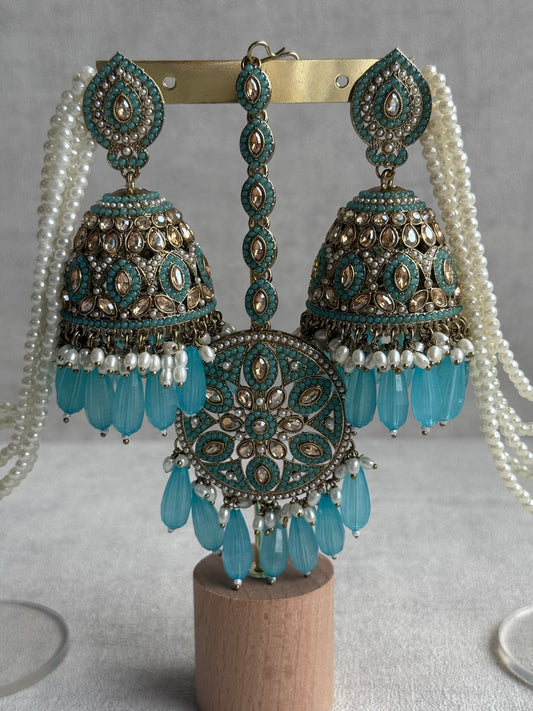 Ayura Designs Amrita Set – Jhumkis with Sahare & Tikka in Aqua Blue, Pearls and Antique Gold Finish