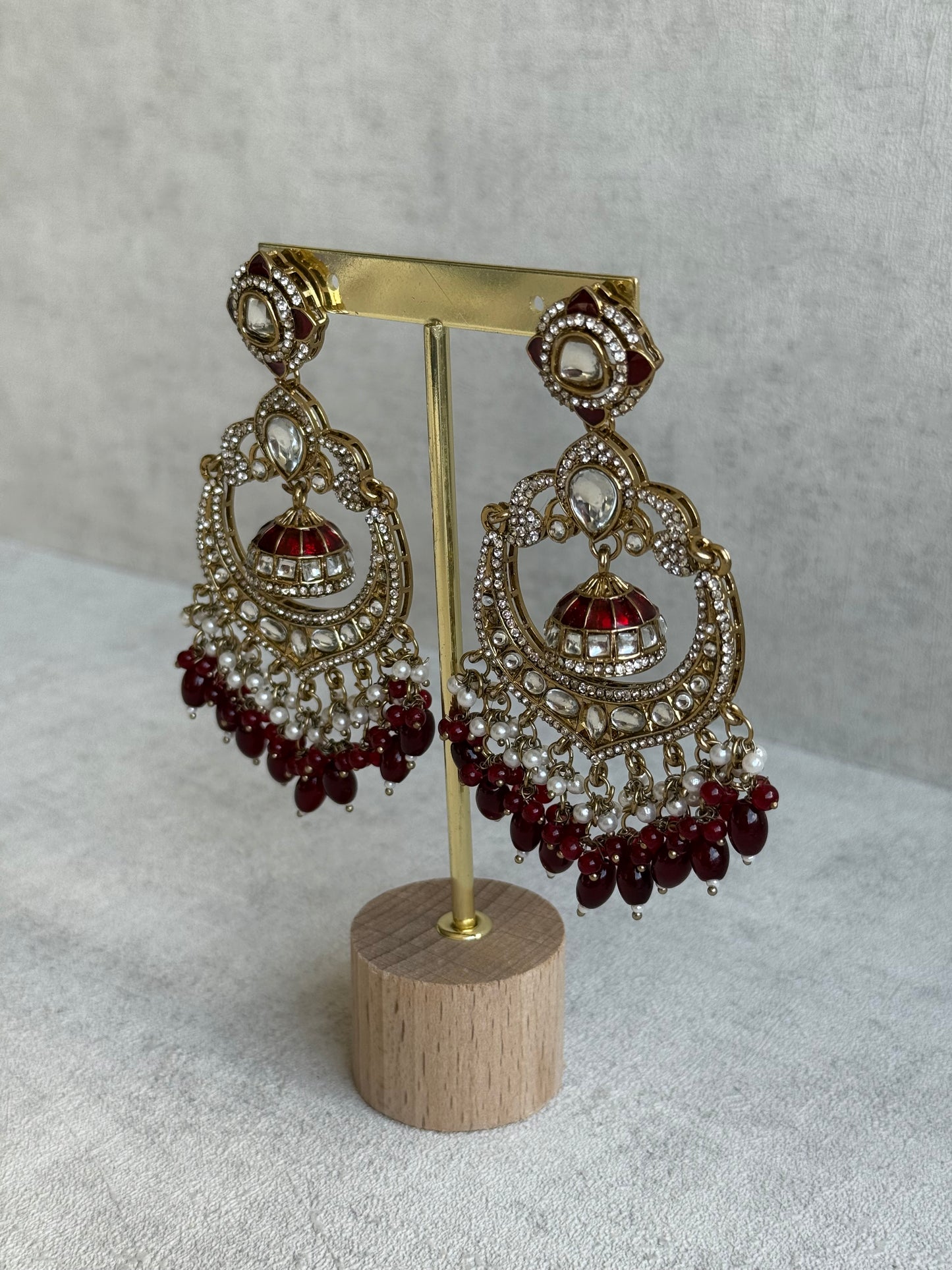 Ayura Designs Reha Earrings – Statement Chandbalis with Maroon Beads, Pearls & Mirror-Cut Stones