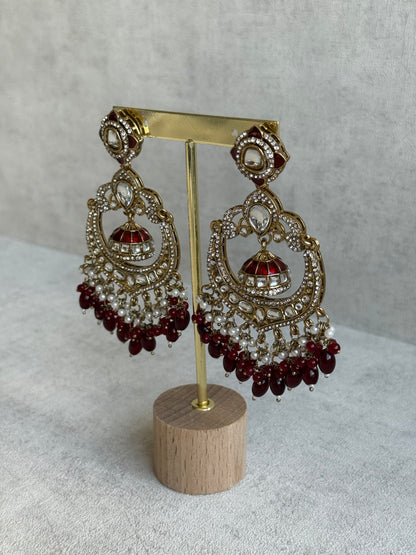 Ayura Designs Reha Earrings – Statement Chandbalis with Maroon Beads, Pearls & Mirror-Cut Stones