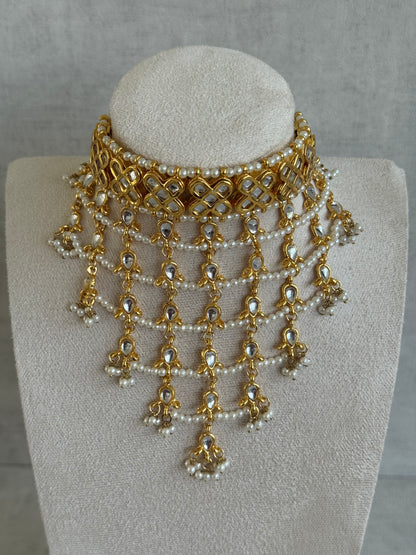 Ayura Designs Basant Set with Choker, Earrings & Tikka – Mirror-Cut Stones, Pearl Fringe & Antique Gold Finish