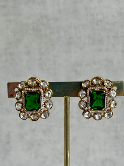 Ayura Designs Akasha Choker Set with Stud Earrings – Emerald Green Moissanite Stones & Antique Gold Finish