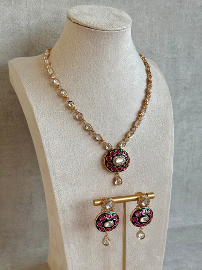 Ayura Designs Jiya Set with Earrings – Oval Motif, Pink & Green Meenakari with Crystal Detailing