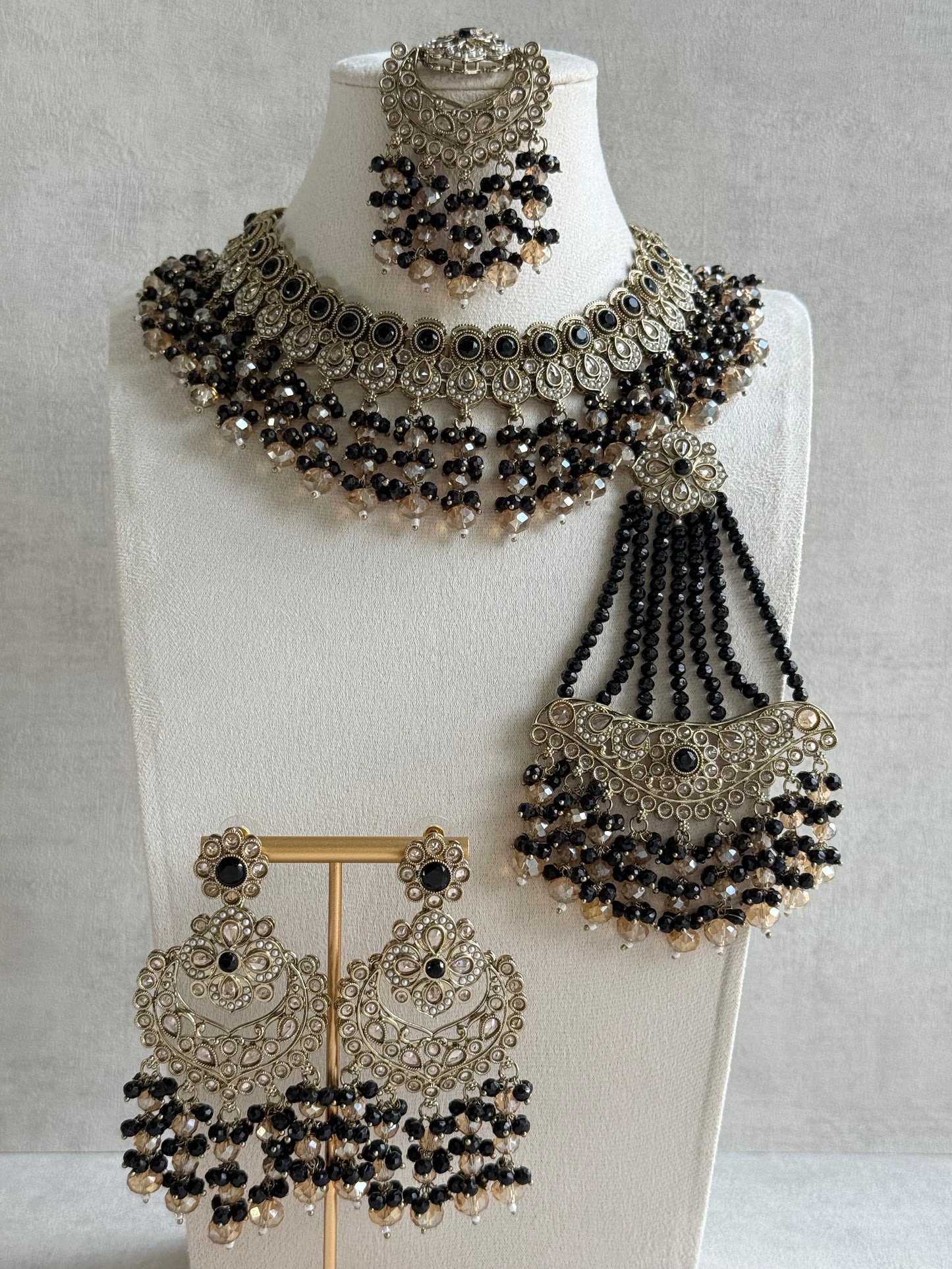 Ayura Designs Dilnaz Necklace Set with Earrings, Tikka & Passa – Black & Champagne Crystal Beads & Antique Gold Finish