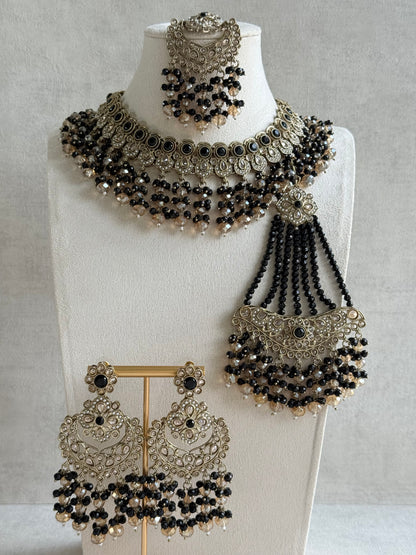 Ayura Designs Dilnaz Necklace Set with Earrings, Tikka & Passa – Black & Champagne Crystal Beads & Antique Gold Finish
