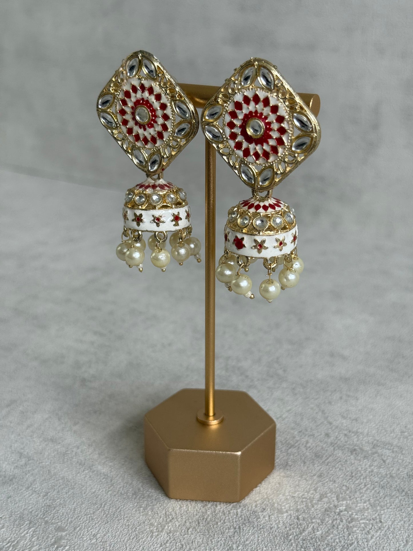 Ayura Designs Rangoli Jhumkis – Ivory & Ruby Red Meenakari with Pearl Drops in Antique Gold Finish