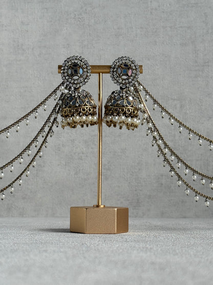 Ayura Designs Aaina Jhumkis – Antique Gold Mirror & Crystal Earrings with Detachable Triple-Layer Pearl Sahare