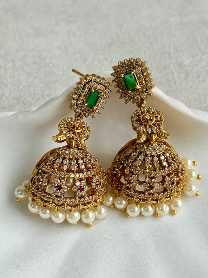 Ayura Designs Maya Jhumkis – Gold Jhumkis with Emerald Green Studs, Pink Stones, Crystal Detailing & Pearl Drops