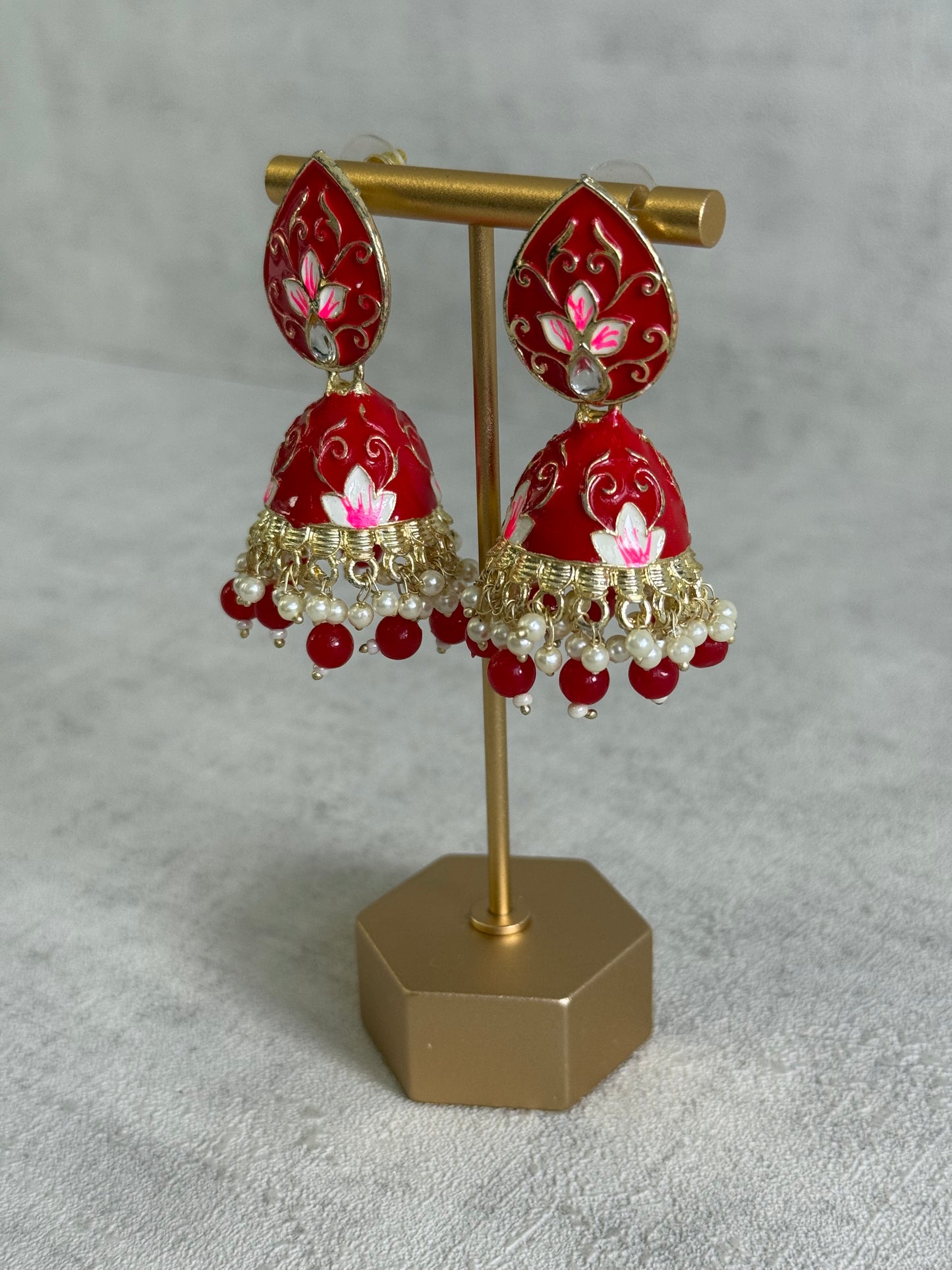 Ayura Designs Gia Jhumkis – Red Meenakari with Pink Lotus Motifs & Ivory Pearl Drops
