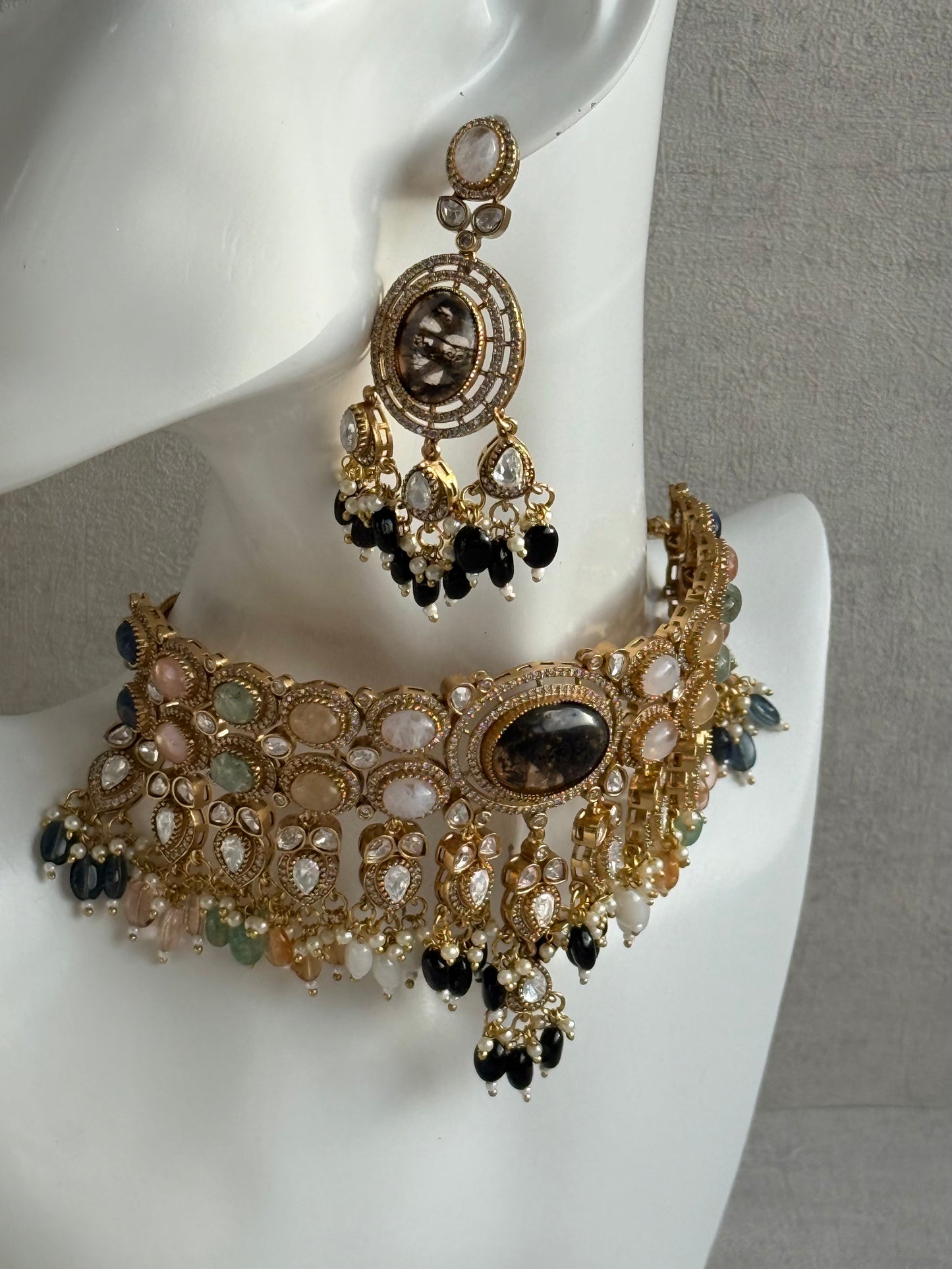 Ayura Designs Poppy Choker Set with Statement Earrings – Smoky Stone Centre with Pastel Beads, Pearls and Black Drops