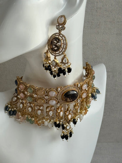 Ayura Designs Poppy Choker Set with Statement Earrings – Smoky Stone Centre with Pastel Beads, Pearls and Black Drops