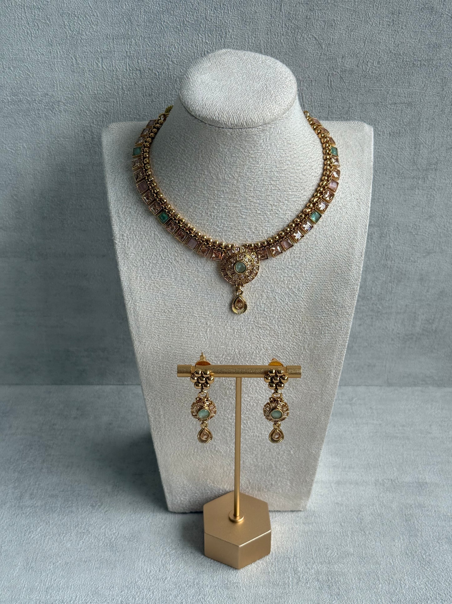 Ayura Designs Nithya Set – Gold Necklace & Earrings with Mint & Blush Stones and Mint Centre