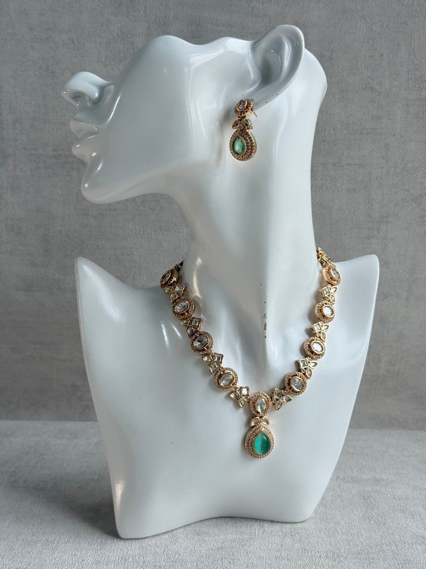 Ayura Designs Gazia Necklace Set with Earrings – Kundan, Mint Green Stones & Gold Finish