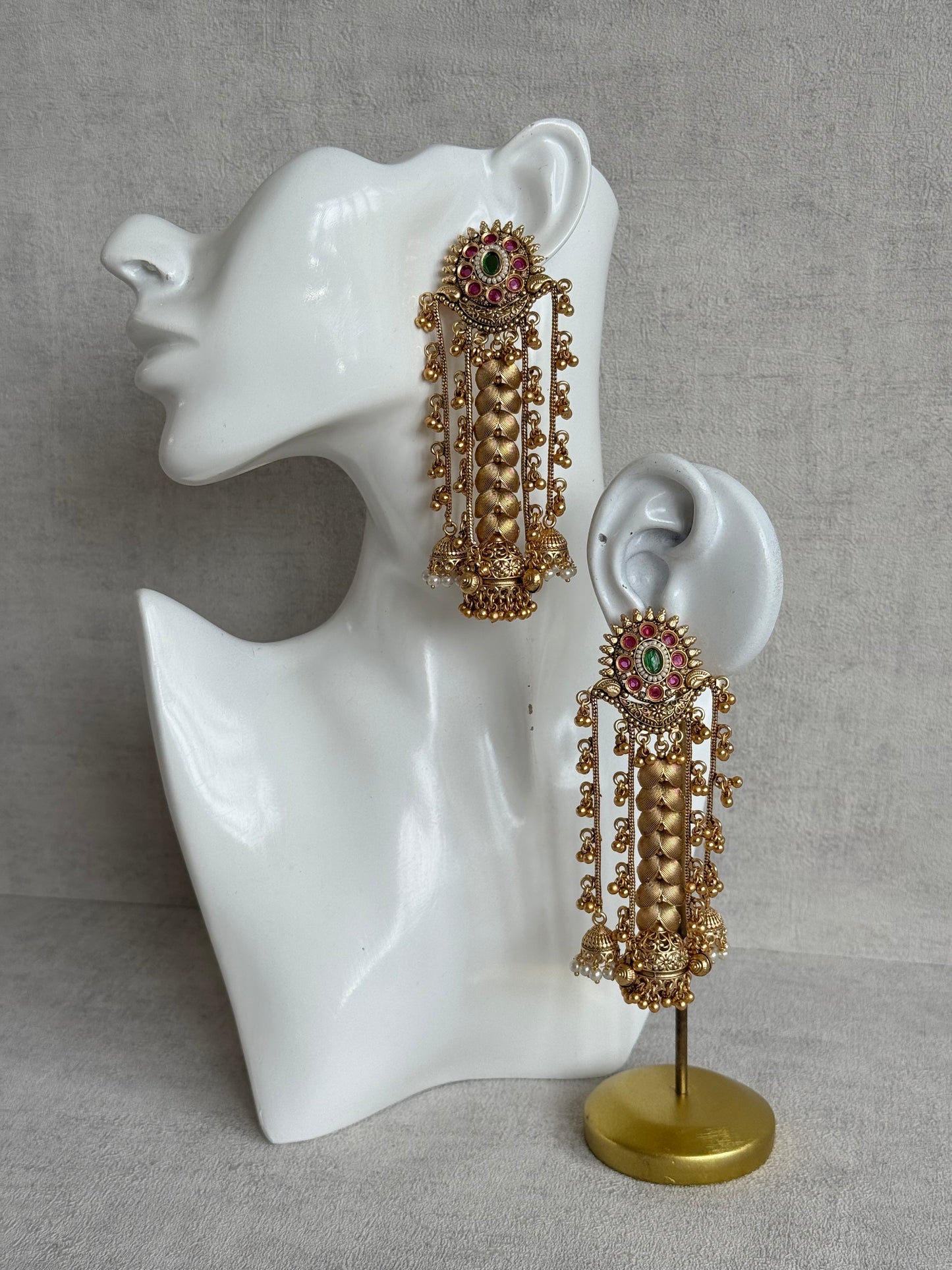 Ayura Designs Ishya Jhumkis – Gold Ghungroo Chain Earrings with Ruby Pink & Green Kundan