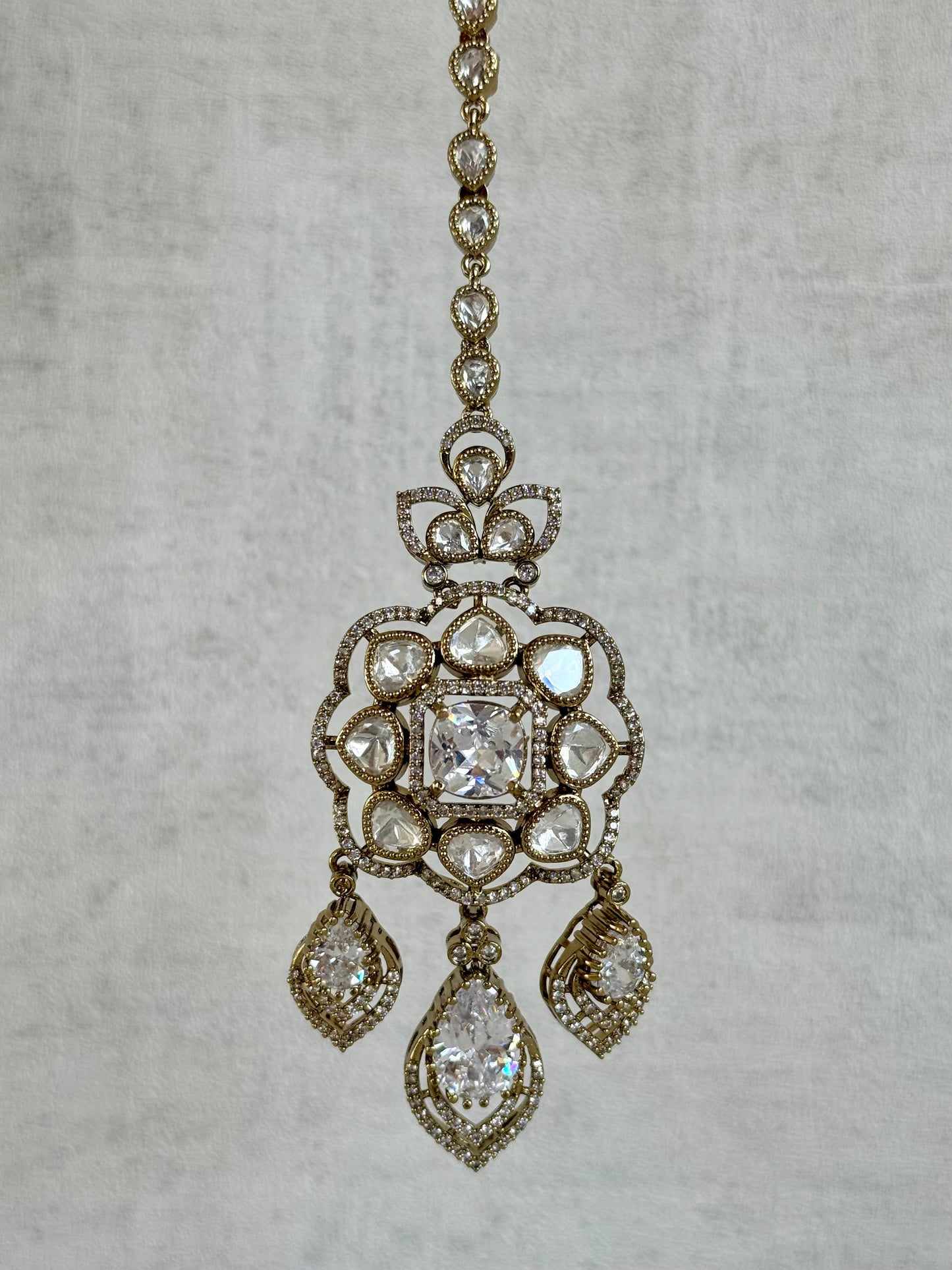 Ayura Designs Kiyah Bridal Set with Necklace, Earrings & Tikka – Moissanite Stones with Antique Gold Finish