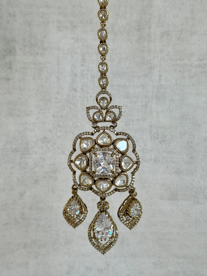 Ayura Designs Kiyah Bridal Set with Necklace, Earrings & Tikka – Moissanite Stones with Antique Gold Finish