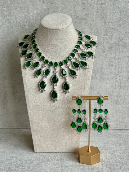 Ayura Designs Zarmina Necklace Set with Earrings – Emerald Green Teardrop Stones, Diamond-Cut Crystals & Rhodium Finish