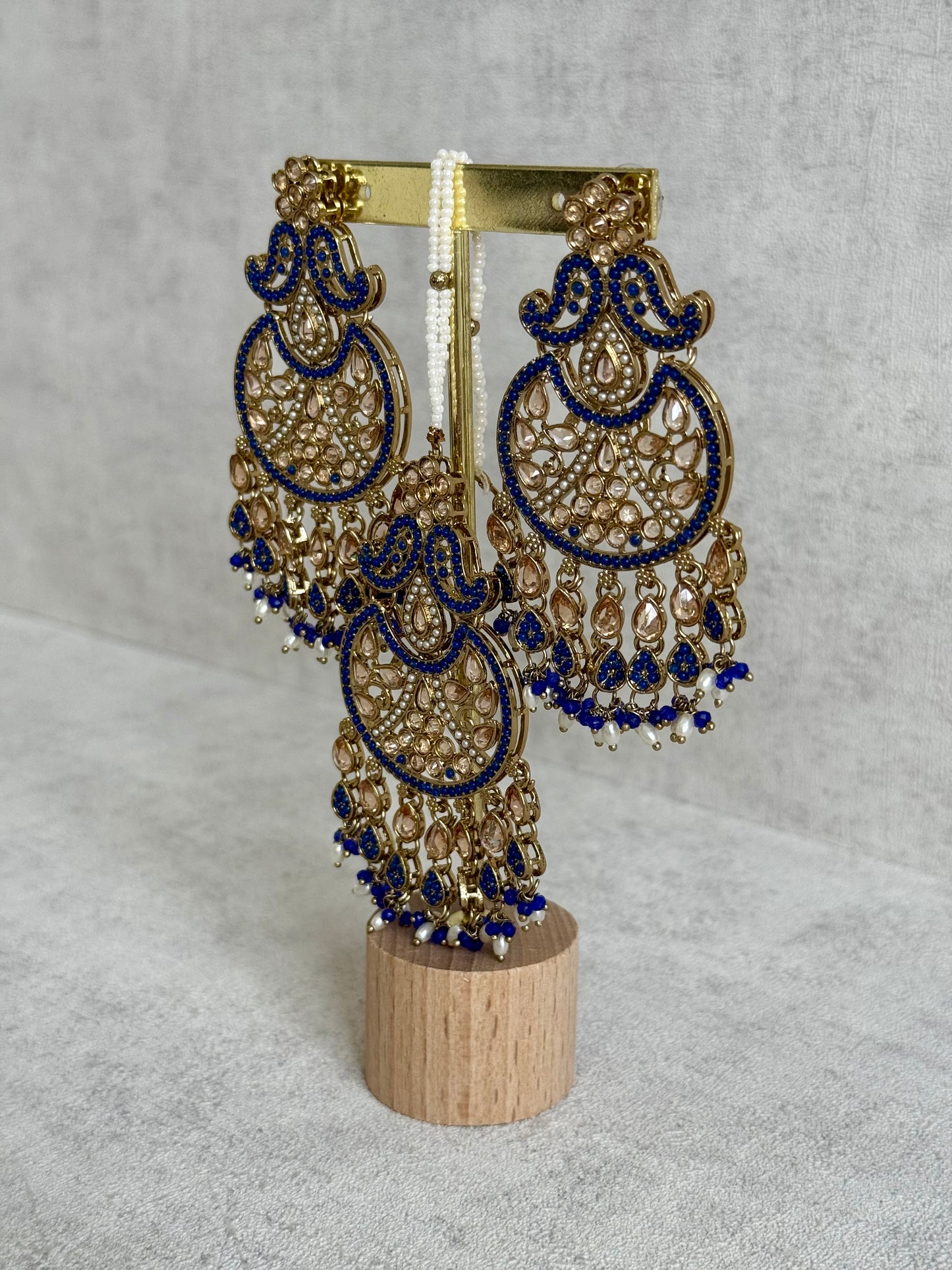 Ayura Designs Anvi Tikka Set with Earrings – Ink Blue with Champagne Stones & Pearl Drops