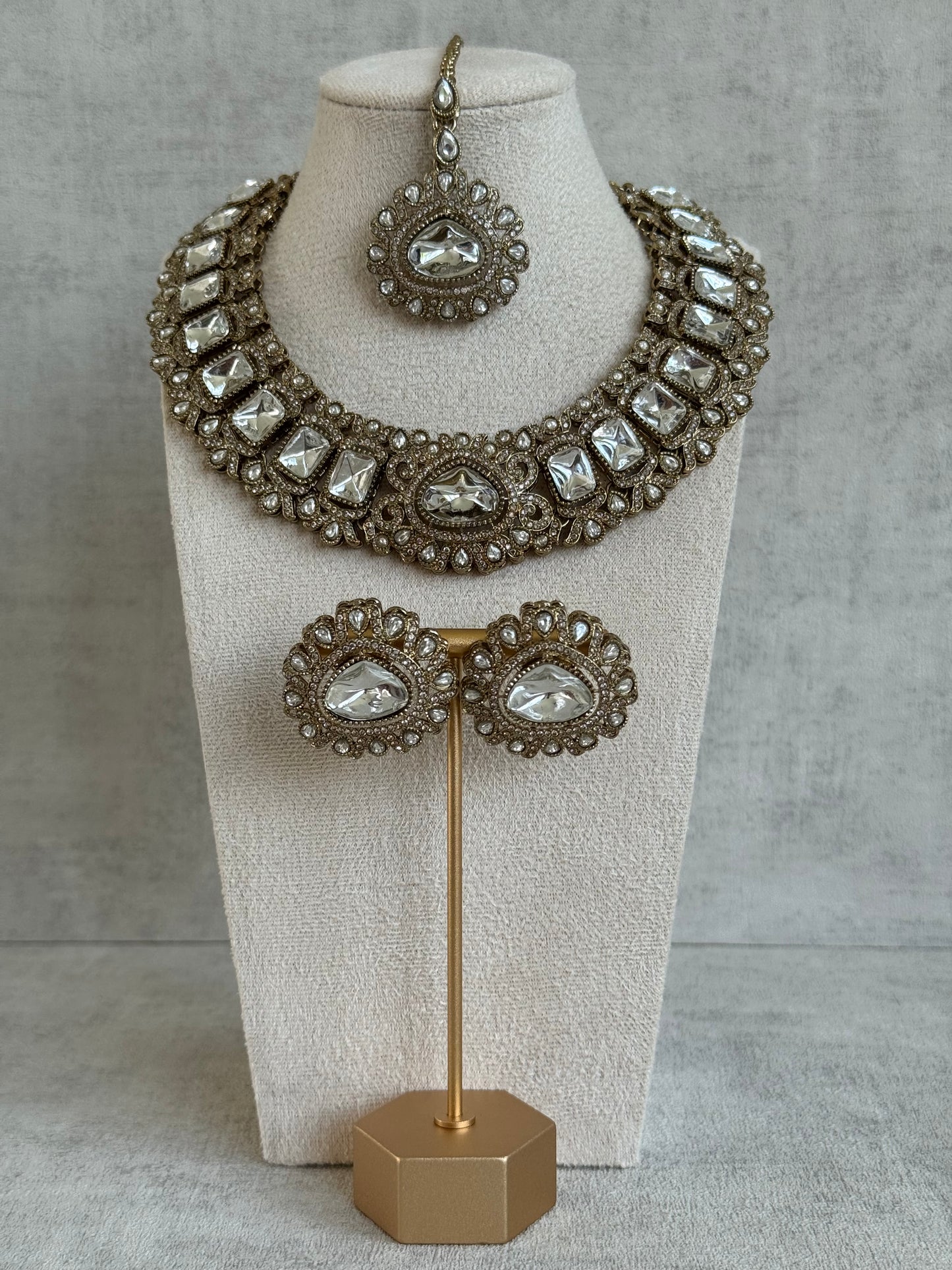 Ayura Designs Riva Set with Necklace, Studs & Tikka – All-Mirror Stones in Antique Gold