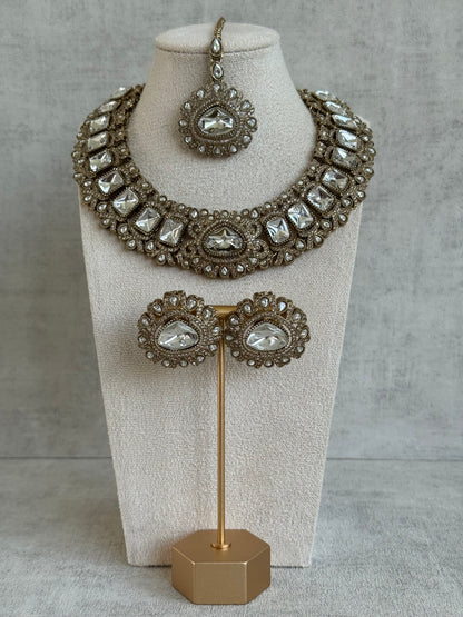 Ayura Designs Riva Set with Necklace, Studs & Tikka – All-Mirror Stones in Antique Gold