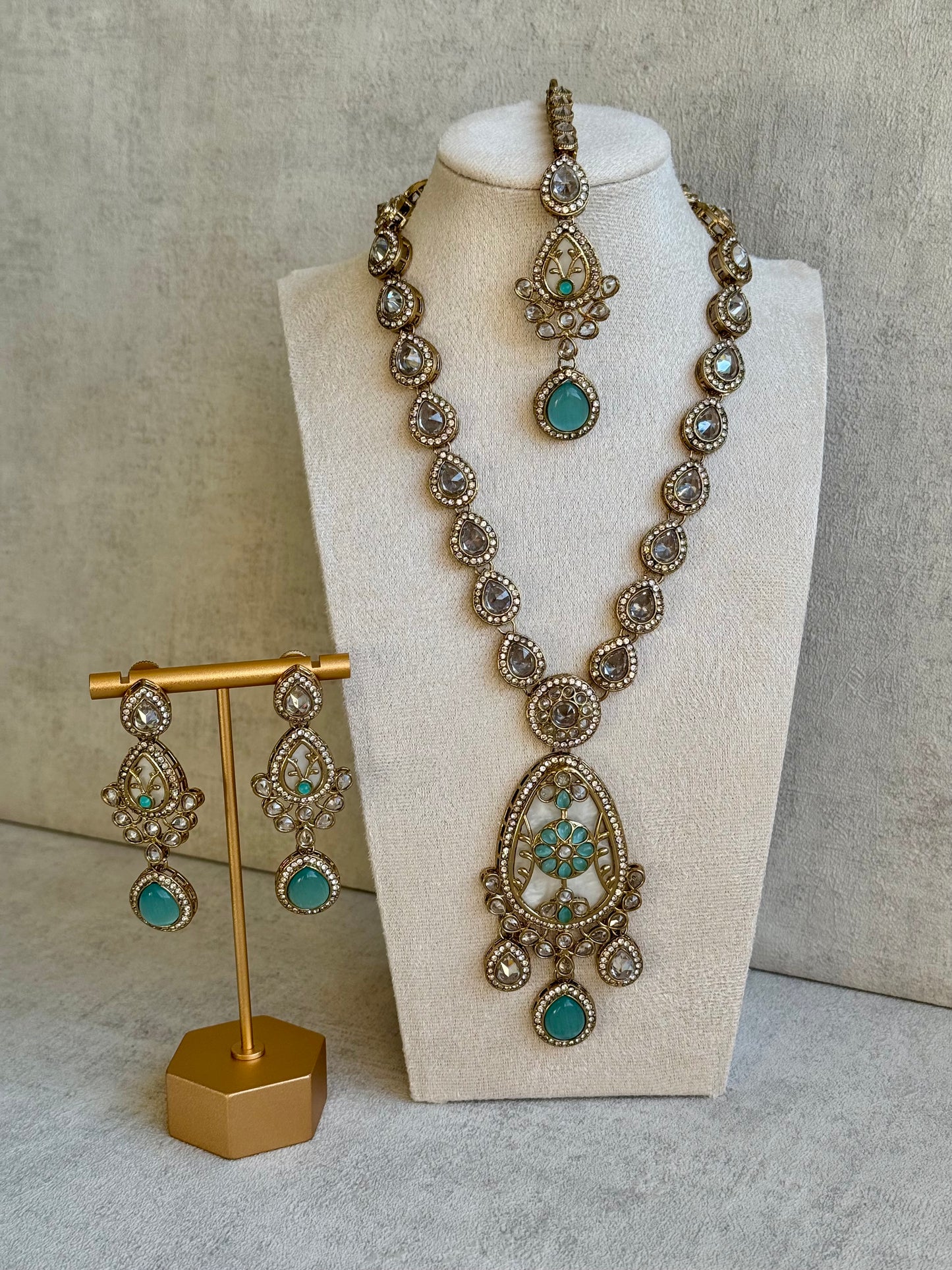 Ayura Designs Ayaani Long Necklace/Haar Set — Exquisite Turquoise and Gold Ensemble with Earrings & Tikka