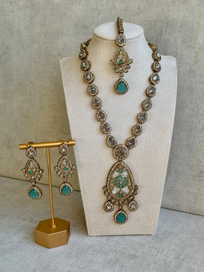 Ayura Designs Ayaani Long Necklace/Haar Set — Exquisite Turquoise and Gold Ensemble with Earrings & Tikka