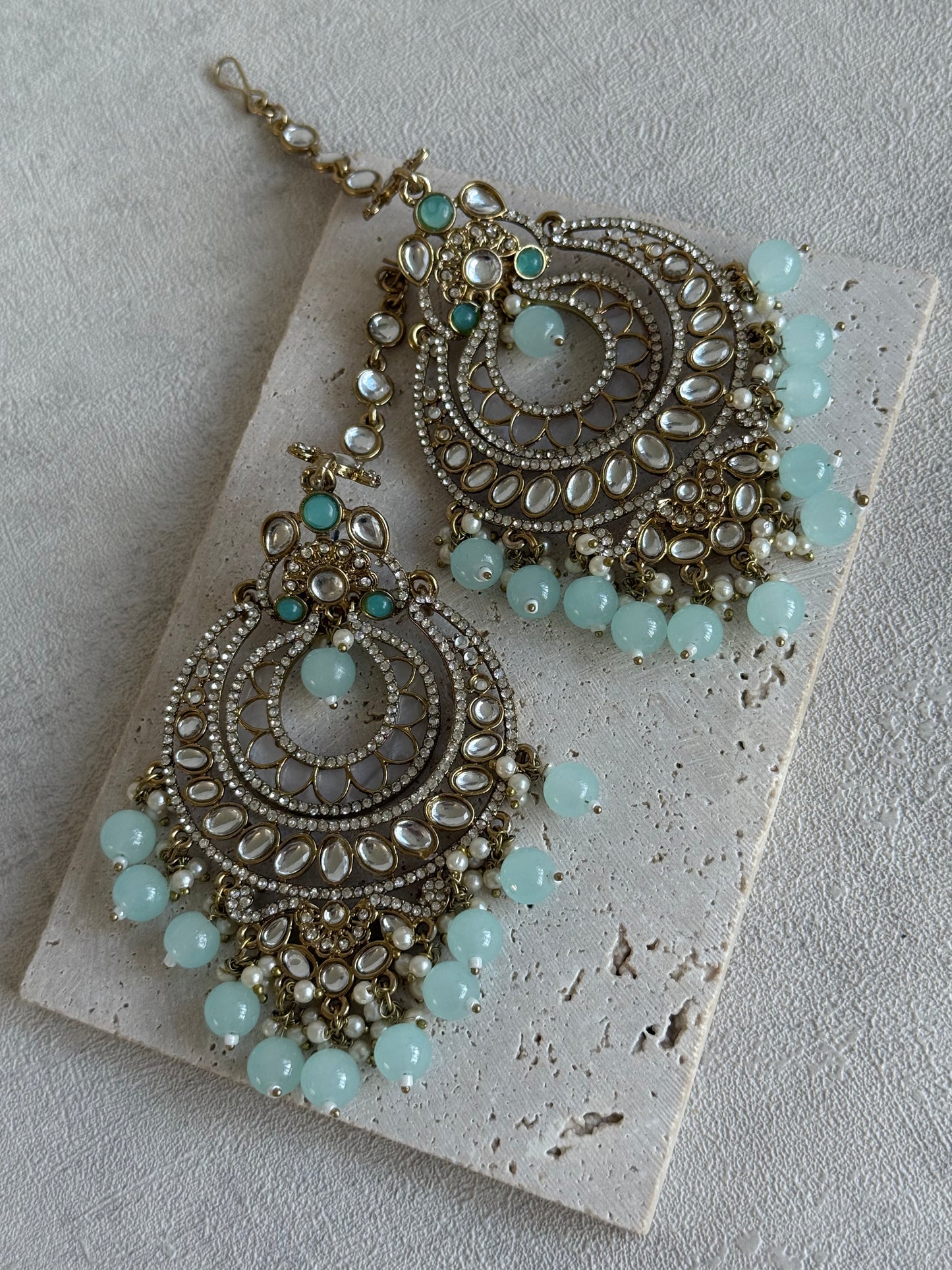 Ayura Designs Rabia Chandbalis – Antique Gold Kundan Earrings with Aqua Beads, Pearls & Attached Sahare