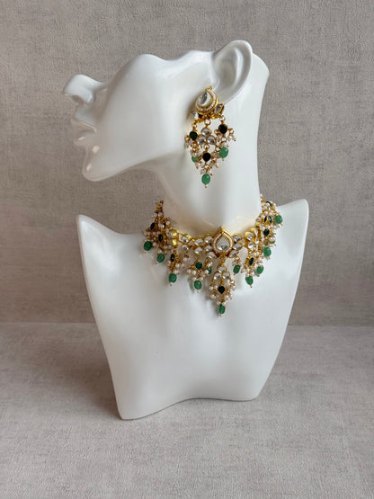 Ayura Designs Naksh Kundan Choker Set with Earrings & Emerald Green Bead Detailing