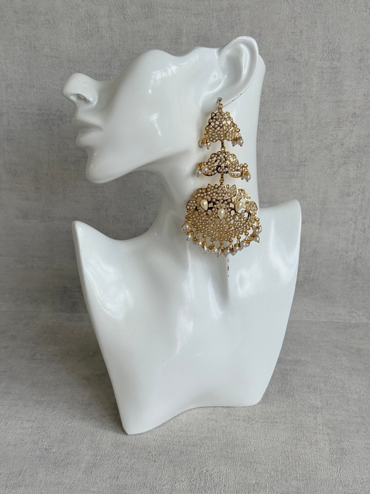 Ayura Designs Zarrar Earrings – Gold Jadau Filigree Statement Earrings with Pearl Drops