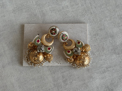 Ayura Designs Wajiha Earrings – Antique Gold Chandbalis with Meenakari Studs, Crescent Drops, Mint Enamel Petals & Layered Pearl Jhumkas