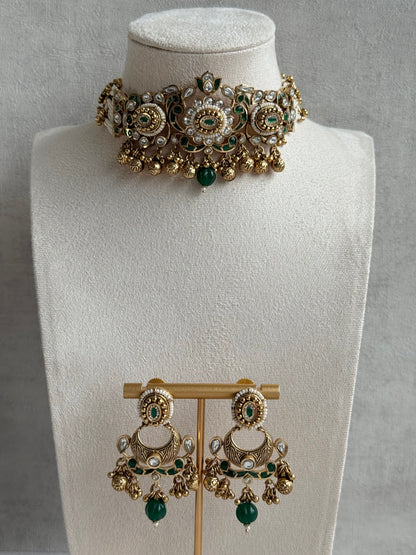 Ayura Designs Sufna Choker Set with Earrings – Emerald Green Stones, Pearl Strands & Kundan Detailing