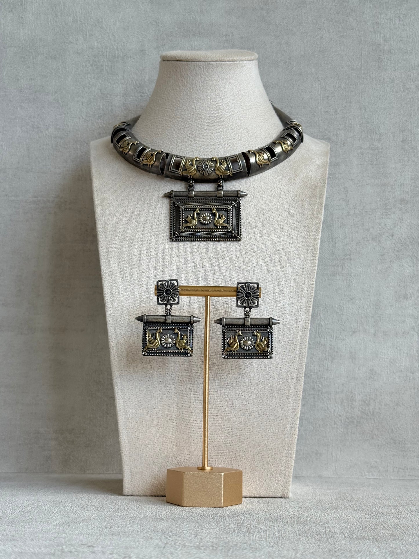 Ayura Designs Naina Necklace Set with Earrings – Dual Tone Oxidised Necklace with Bird Motifs, Black Stone Detailing & Statement Pendant