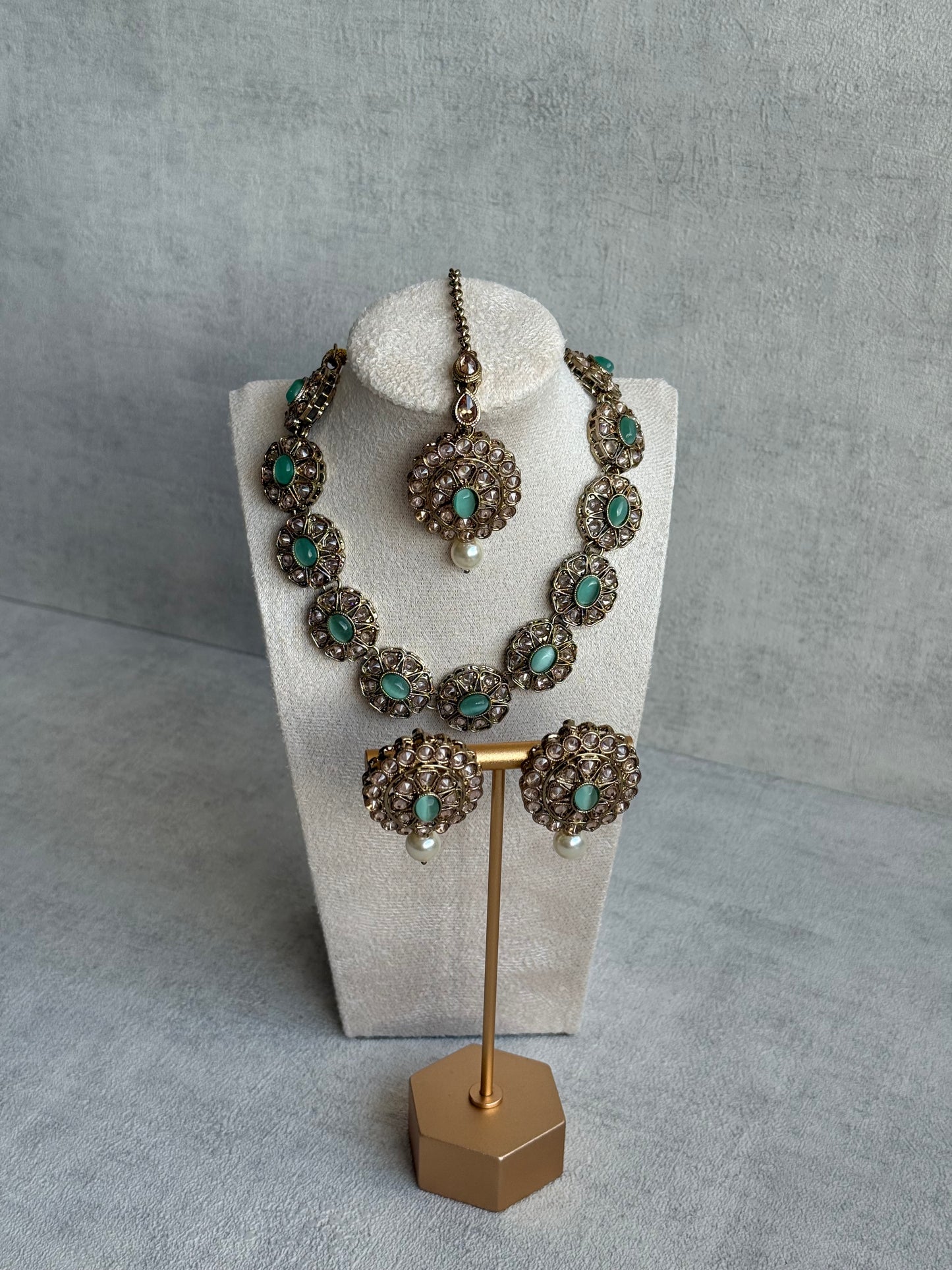 Ayura Designs Sania Set with Necklace, Earrings & Tikka – Mint Oval Stones, Kundan Detailing & Antique Gold Finish