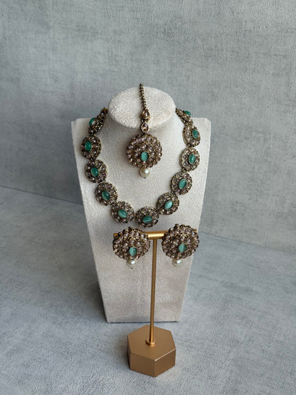 Ayura Designs Sania Set with Necklace, Earrings & Tikka – Mint Oval Stones, Kundan Detailing & Antique Gold Finish