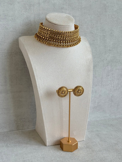 Ayura Designs Tavnoor Choker Set with Stud Earrings – Antique Gold Statement Choker with Traditional Bead Detailing
