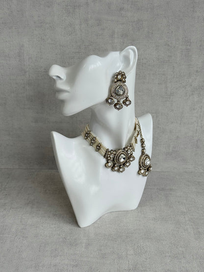Ayura Designs Rahi Necklace Set with Earrings & Tikka – Ivory Pearl Stones with Mirror-Cut Detailing & Pearl Strands